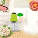 Picador eléctrico Find Back 300W con tapa transparente de 2 litros, color verde lima, mostrando su capacidad para procesar carnes, verduras y preparar rellenos para dumplings.