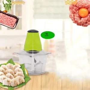 Picador eléctrico Find Back 300W con tapa transparente de 2 litros, color verde lima, mostrando su capacidad para procesar carnes, verduras y preparar rellenos para dumplings.