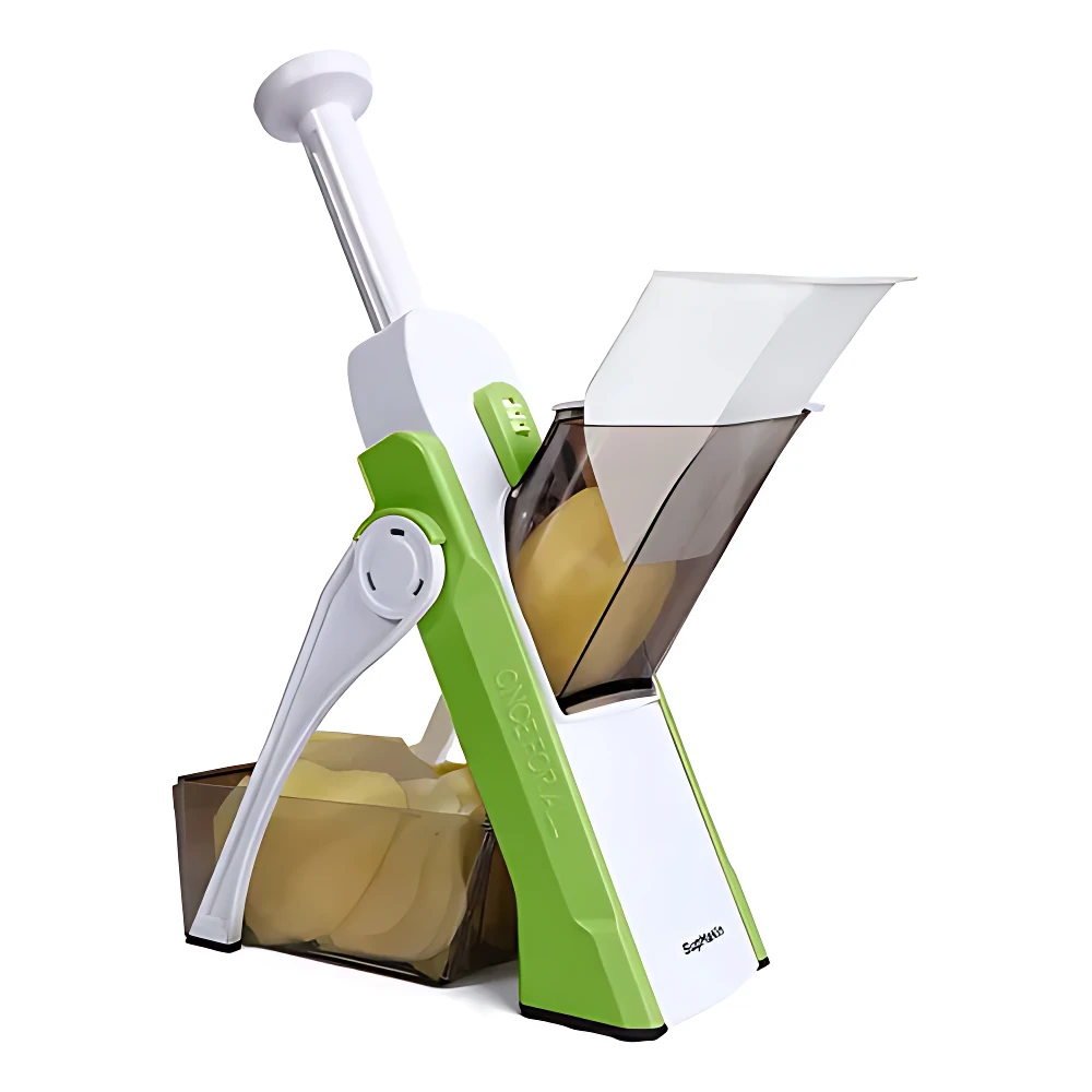 Picador mandolina de cocina en verde y blanco, con sistema de seguridad y bandeja de recogida para cortar verduras uniformemente.