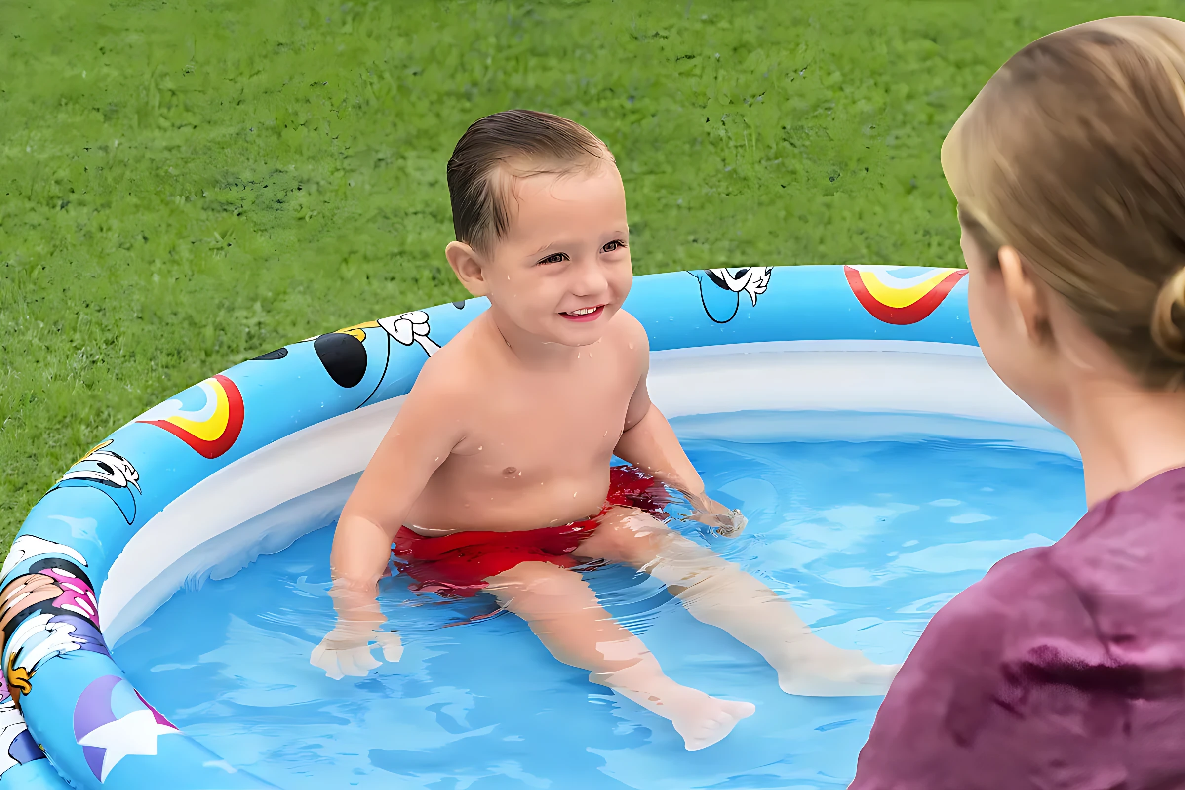 Niño sonriente en piscina inflable azul con anillos de Mickey Mouse, sobre césped verde.