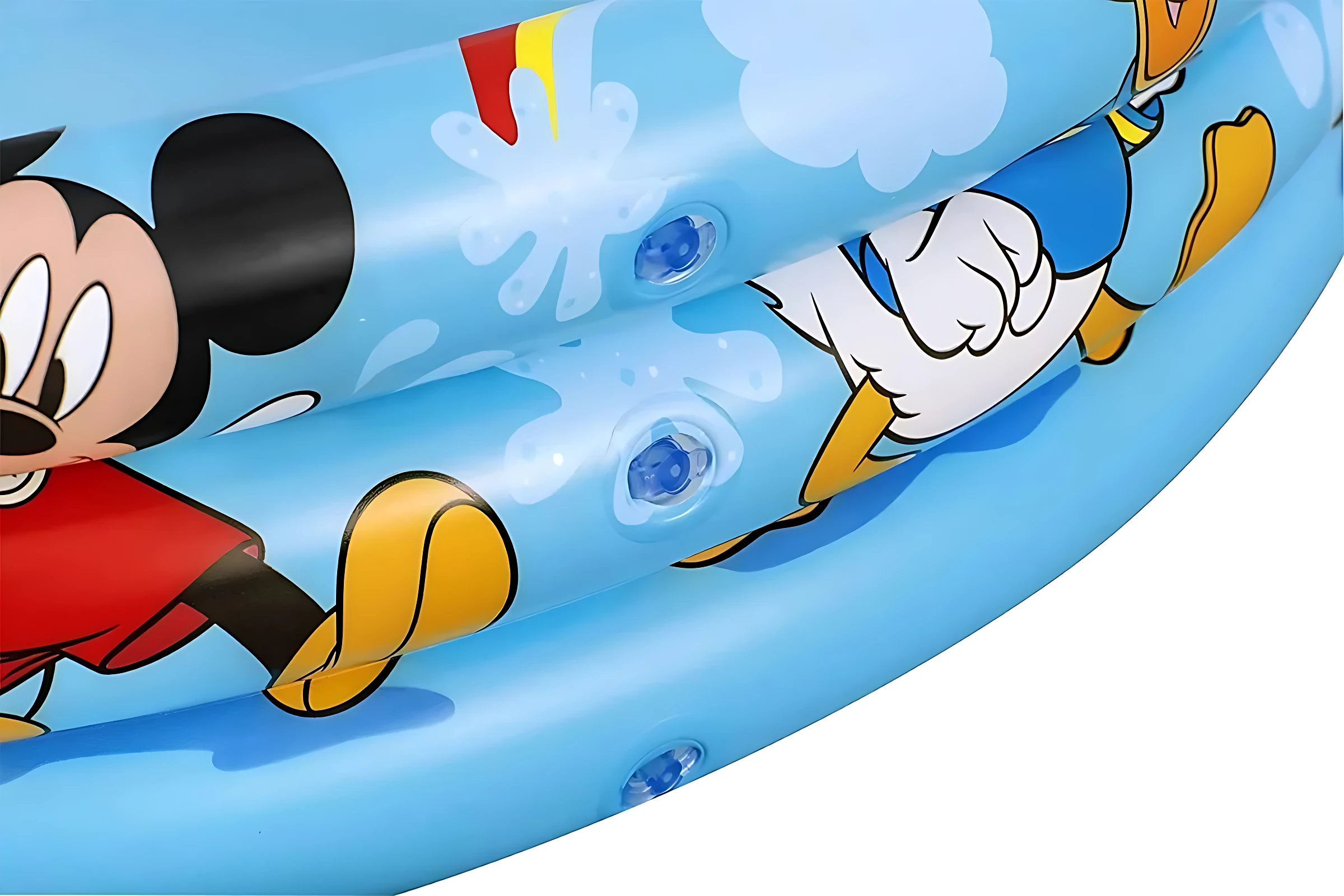 Piscina inflable azul con Mickey Mouse y Donald Duck en primer plano, diseño de 3 anillos para niños.