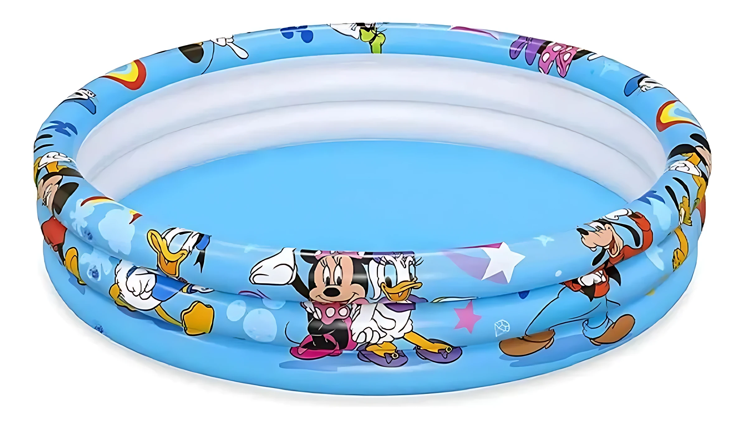 Piscina inflable azul con Mickey Mouse, Donald y Minnie en diseño circular de tres anillos para niños.