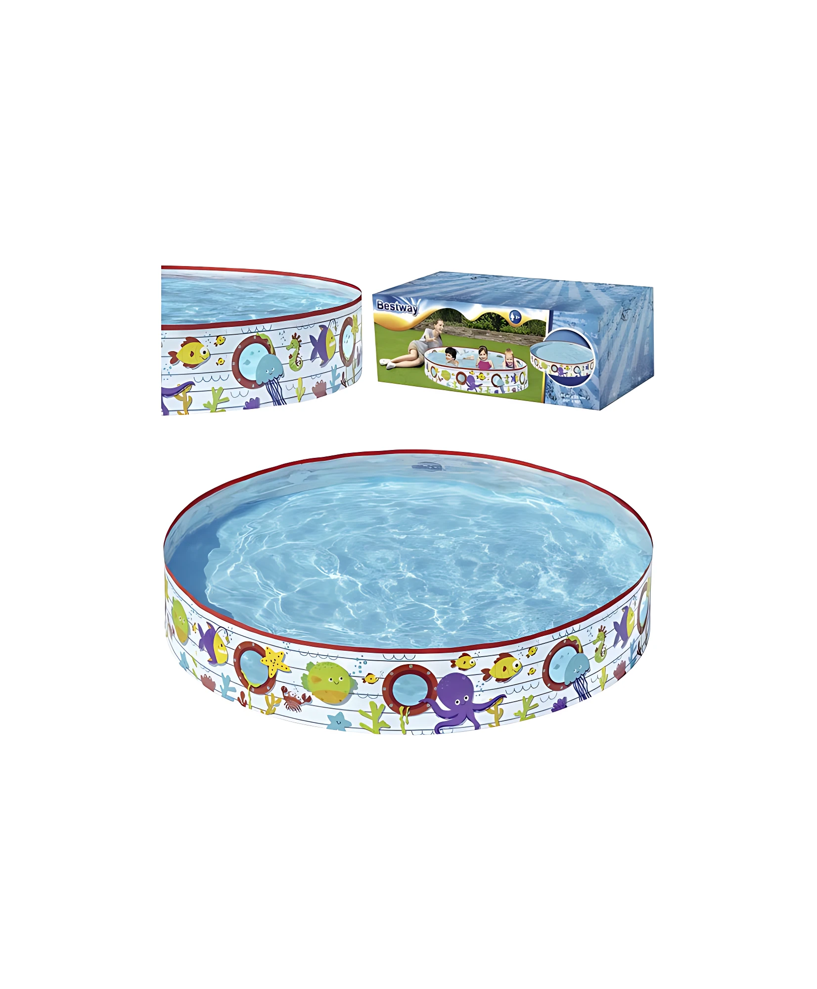 Piscina rígida redonda con borde rojo y estampado submarino de animales marinos, mostrando vista frontal y lateral junto a su caja de cartón azul.