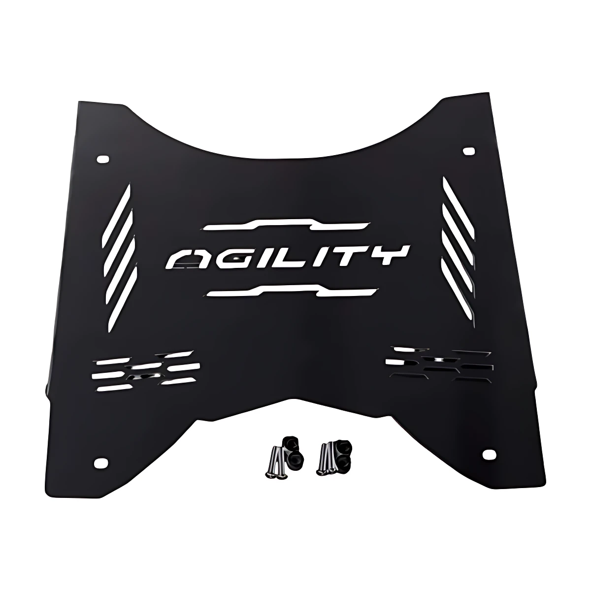 Piso protector Agility en acero inoxidable para scooter, color negro mate con diseño de ventilación y logotipo grabado, incluye tornillos y soportes de montaje.