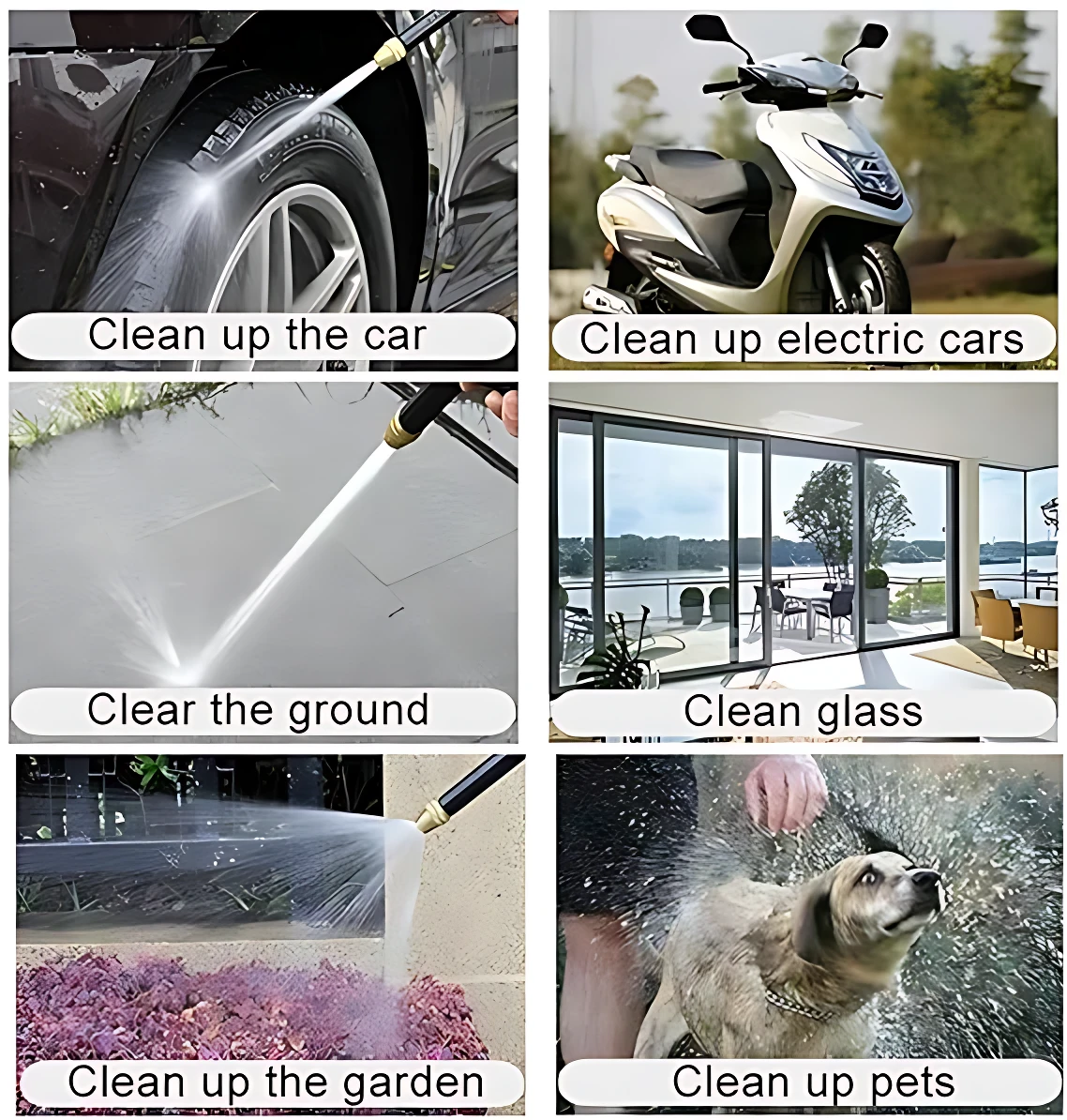 Limpieza con pistola de agua a presión: auto, scooter, suelo, ventanas, jardín y mascota. Chorro blanco sobre superficies variadas.