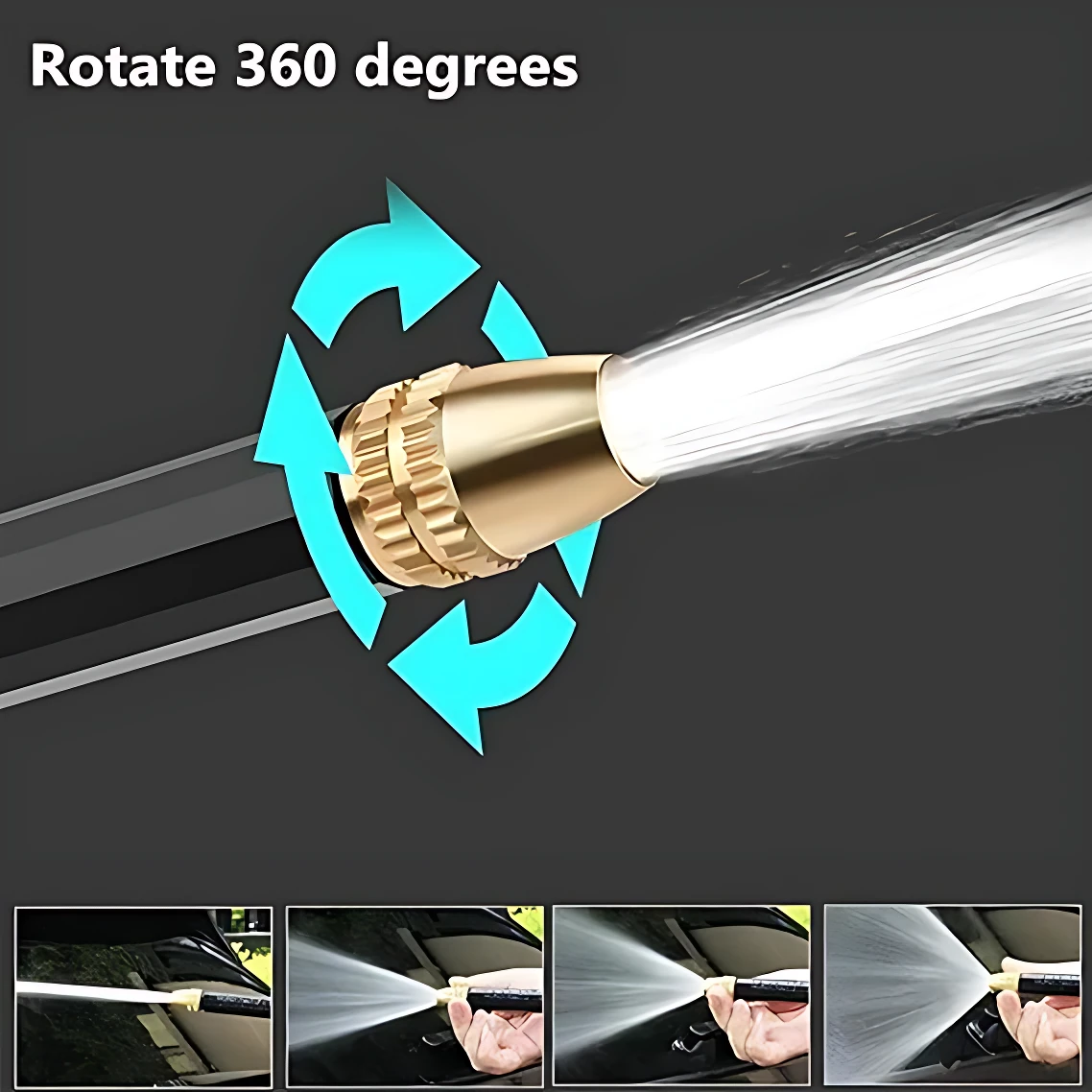 Pistola de agua con boquilla dorada giratoria 360 grados, mostrando chorro de agua y ejemplos de uso en limpieza de auto.
