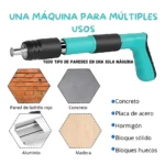 Pistola de clavos manual en color turquesa con mango negro, diseñada para fijar en paredes de ladrillo, concreto, acero, madera y aluminio.