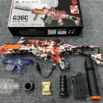 Pistola eléctrica G36C con camuflaje rojo y blanco, accesorios incluidos: cargador, mira, gafas, munición y caja de presentación.