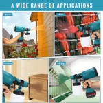 Pistola pulverizadora eléctrica de color azul con batería, mostrando aplicaciones en madera, pared, mueble y barandilla.
