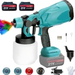 Pistola pulverizadora eléctrica de color turquesa con batería de 21V, tres boquillas intercambiables y accesorios incluidos para aplicación de pintura.