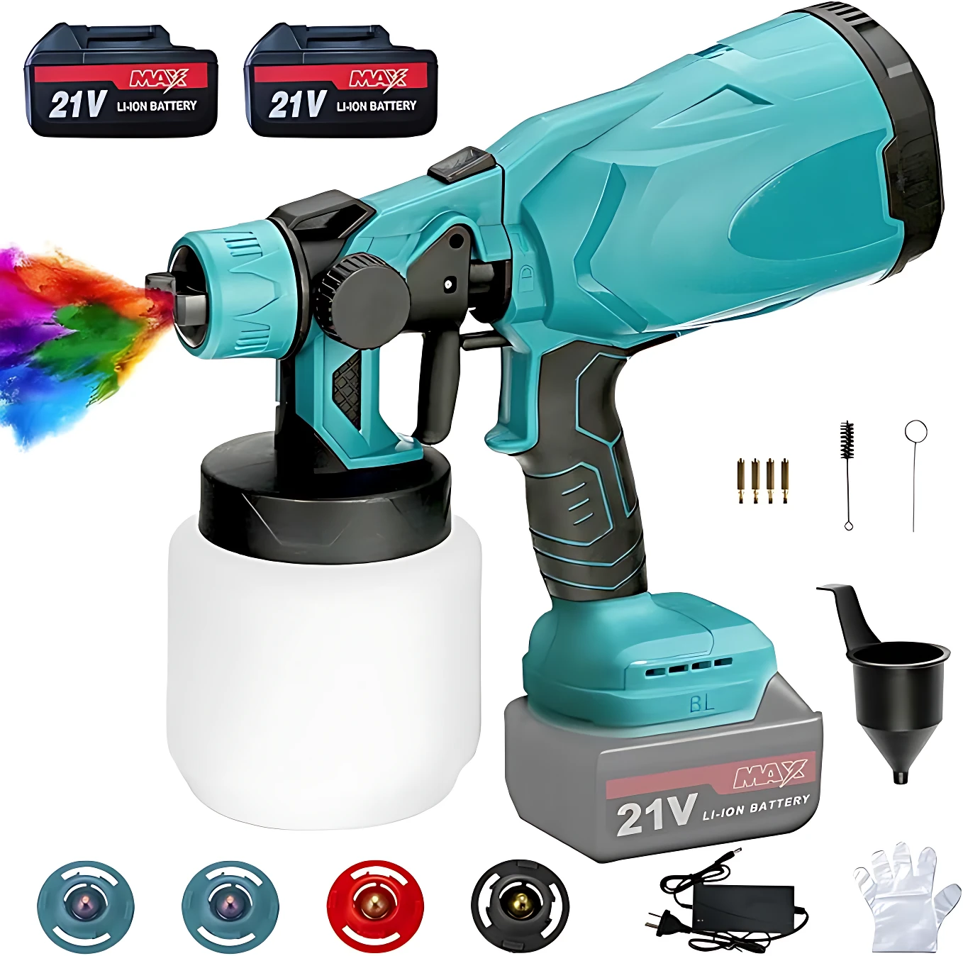 Pistola pulverizadora eléctrica de color turquesa con batería de 21V, tres boquillas intercambiables y accesorios incluidos para aplicación de pintura.