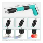 Pistola remachadora manual con mango ergonómico en turquesa y negro, cabezal intercambiable de acero inoxidable, medidas 33 cm de largo y 11 cm de altura, incluye accesorios para líneas de cable y elevadores de 16 y 20 mm.