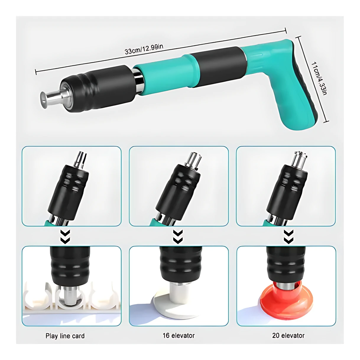 Pistola remachadora manual con mango ergonómico en turquesa y negro, cabezal intercambiable de acero inoxidable, medidas 33 cm de largo y 11 cm de altura, incluye accesorios para líneas de cable y elevadores de 16 y 20 mm.