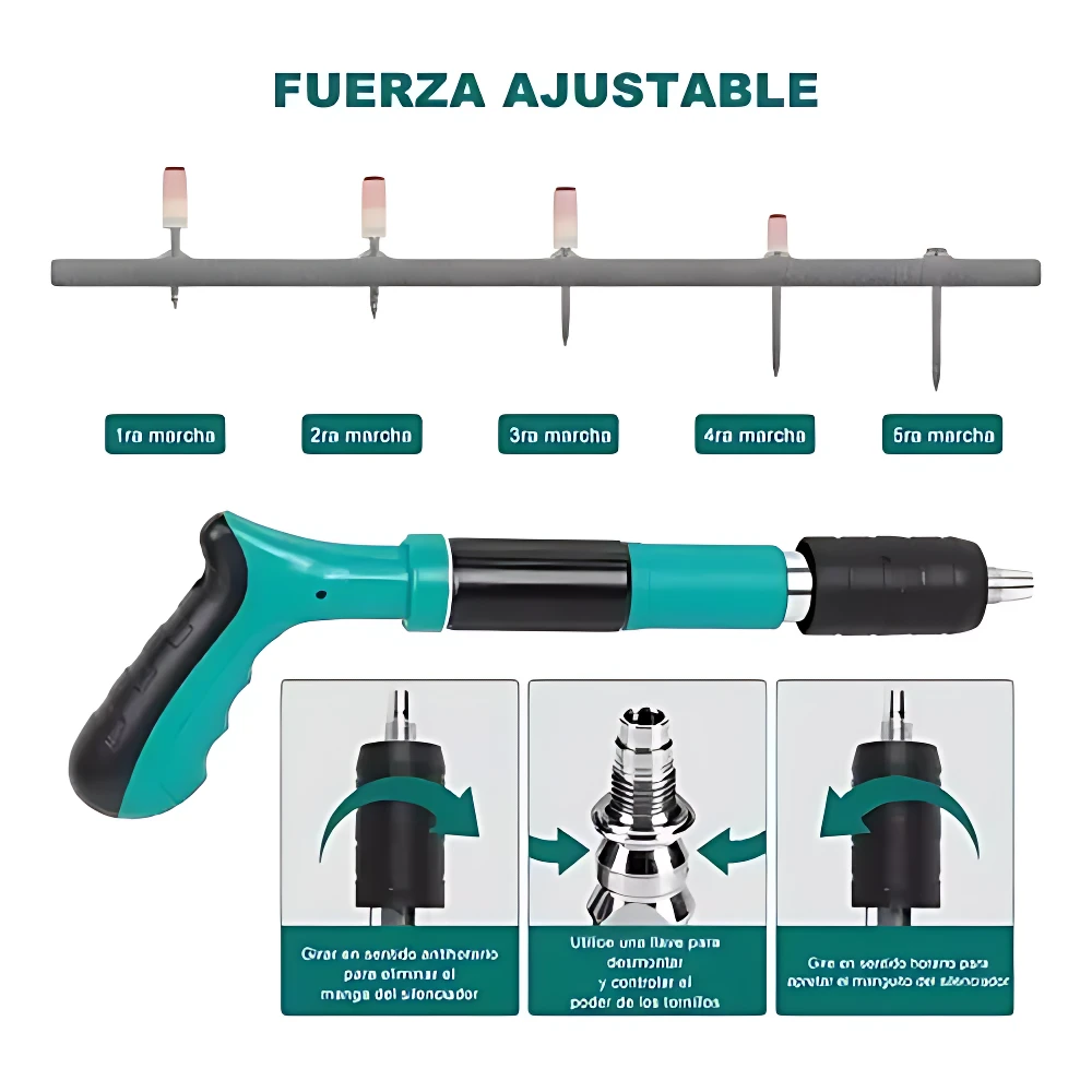 Pistola remachadora manual con mango ergonómico en turquesa y negro, sistema de ajuste de fuerza en cinco niveles y accesorios intercambiables para remachado y desmontaje.