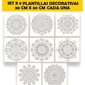 Set de ocho plantillas decorativas cuadradas de 30 cm por 30 cm, con diseños mandala en blanco y negro, dispuestas en tres filas sobre fondo blanco.