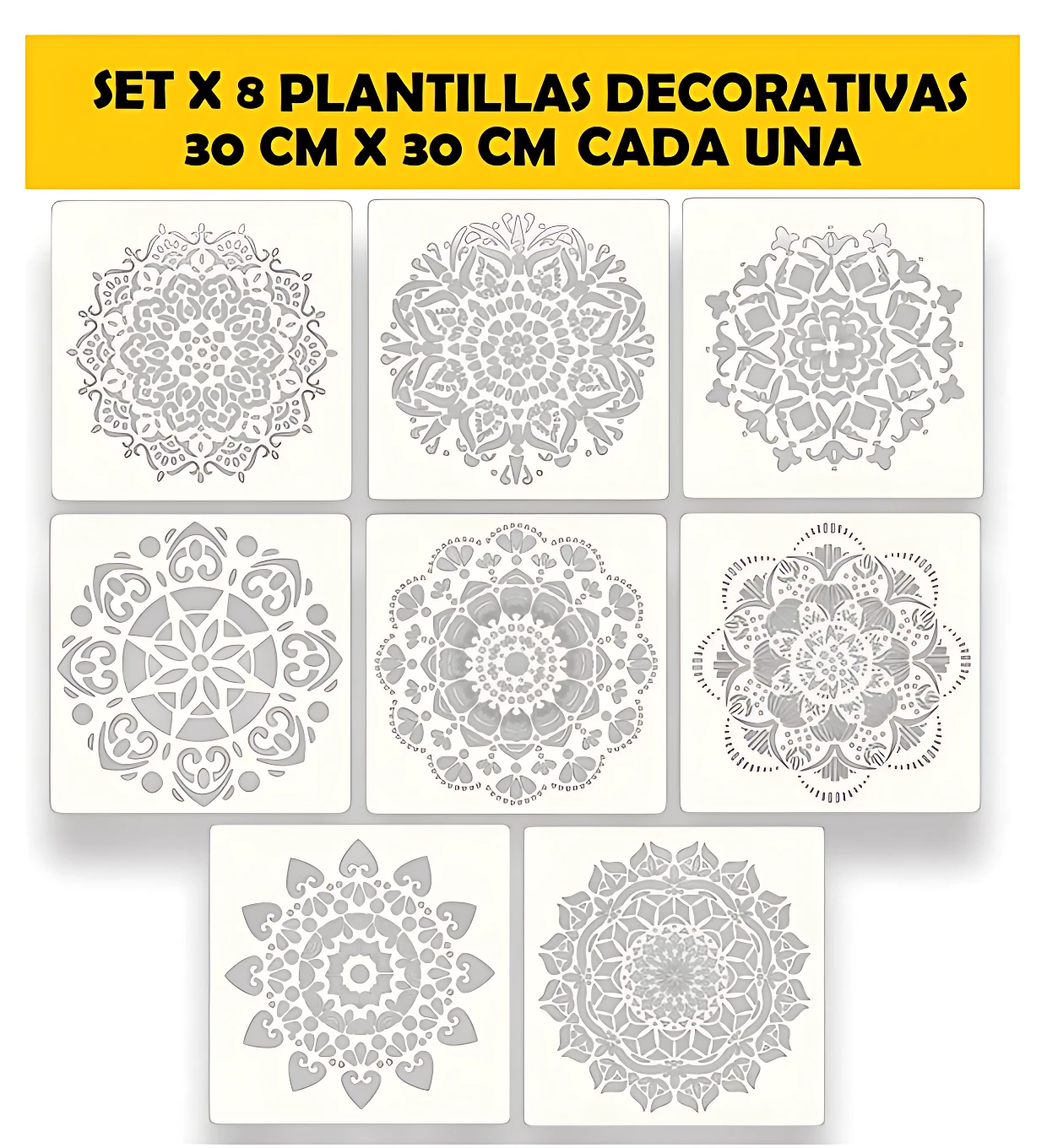 Set de ocho plantillas decorativas cuadradas de 30 cm por 30 cm, con diseños mandala en blanco y negro, dispuestas en tres filas sobre fondo blanco.