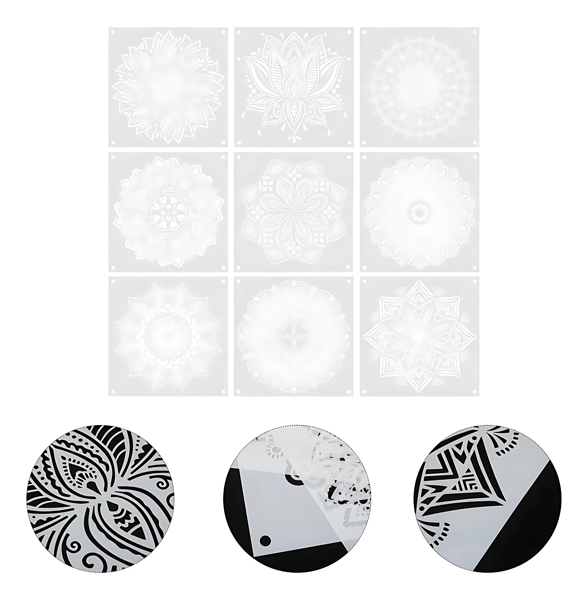 Set de nueve plantillas decorativas cuadradas con diseños geométricos y florales, acompañadas de ejemplos de patrones aplicados en círculos.