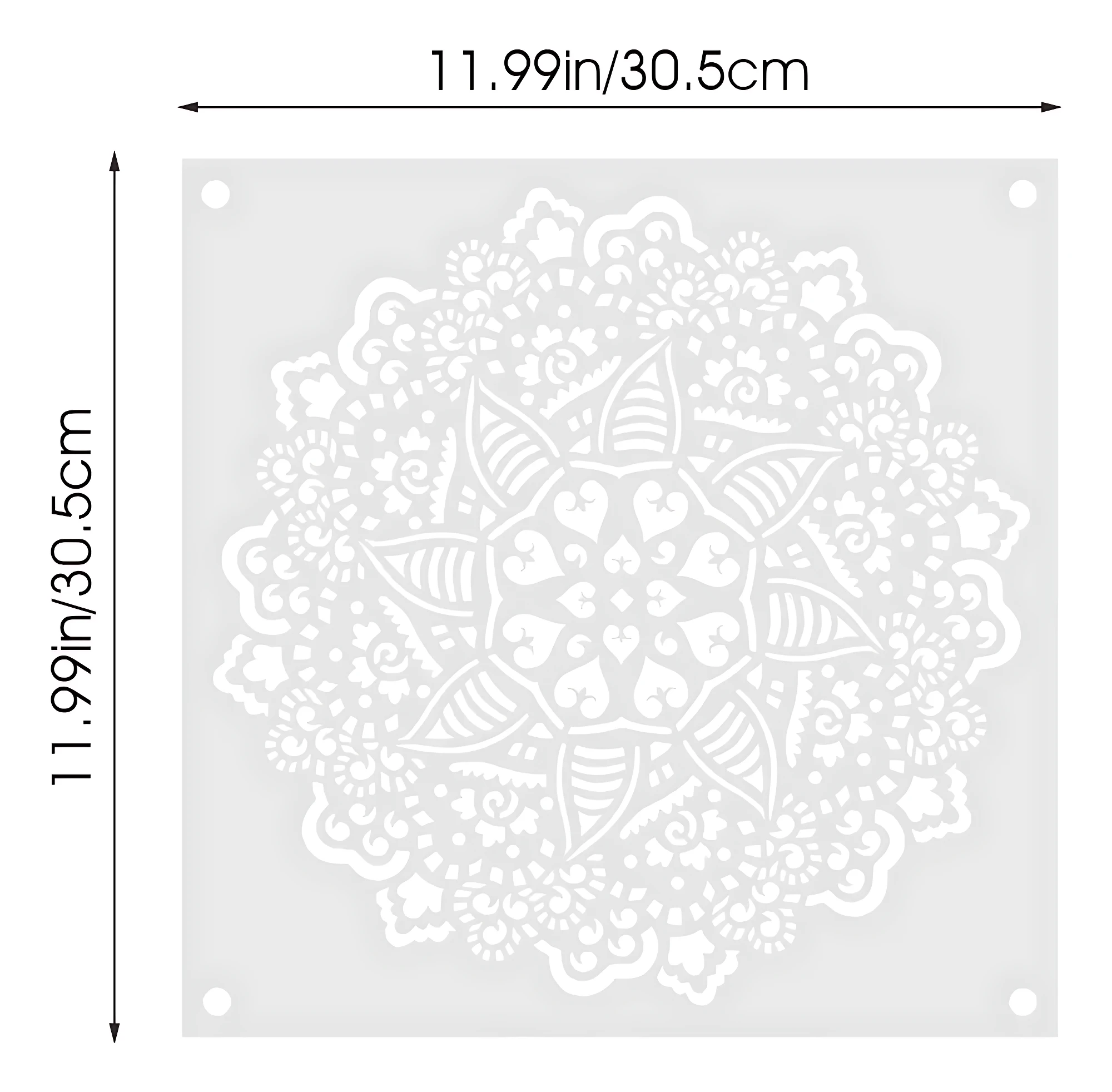 Plantilla decorativa cuadrada de 30,5 cm por lado con diseño floral blanco sobre fondo gris claro, ideal para transferir patrones a 8 superficies.