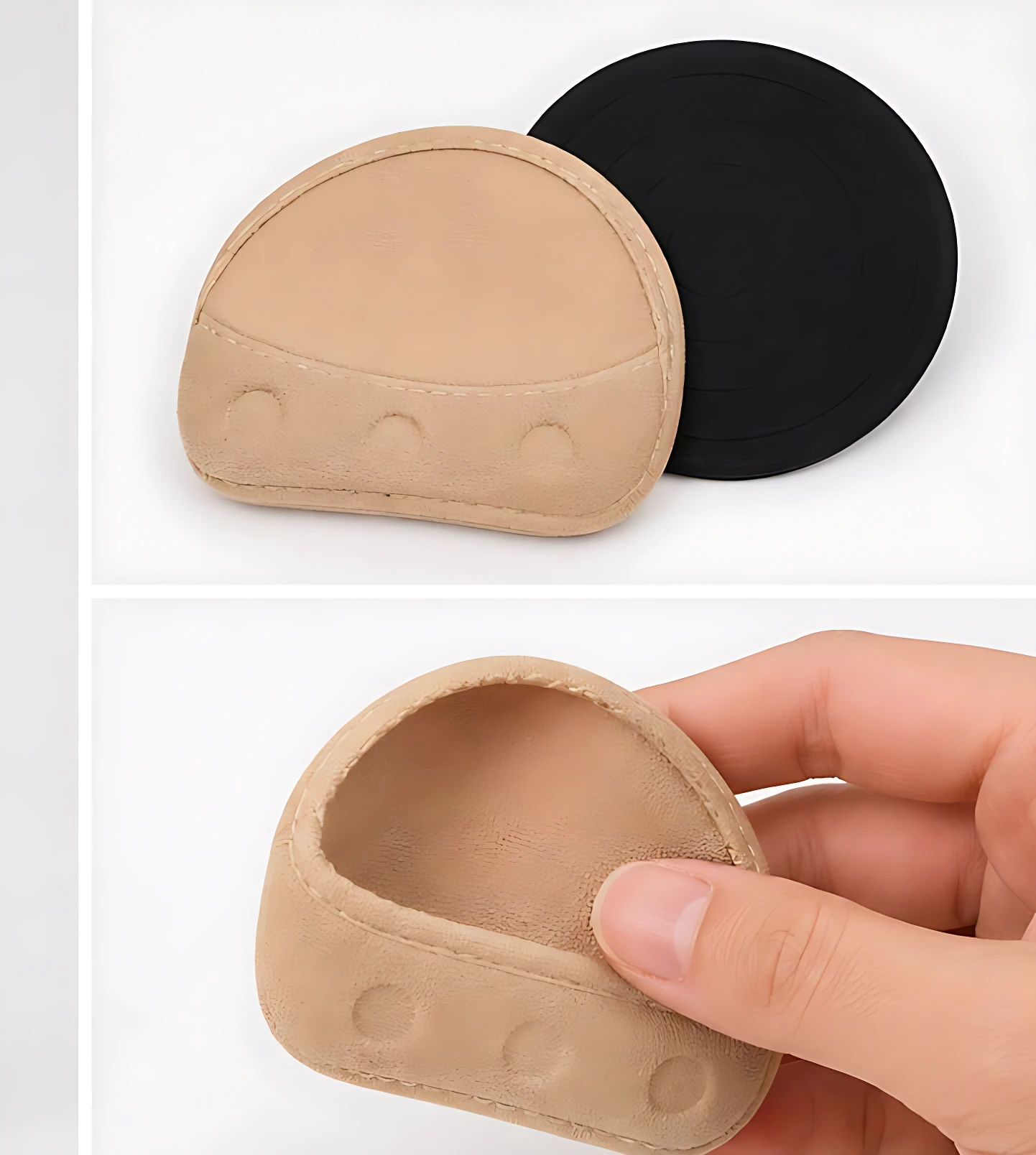 Plantilla puntera invisible en tonos piel y negro, con diseño ergonómico y superficie texturizada para aliviar presión en la punta del pie.