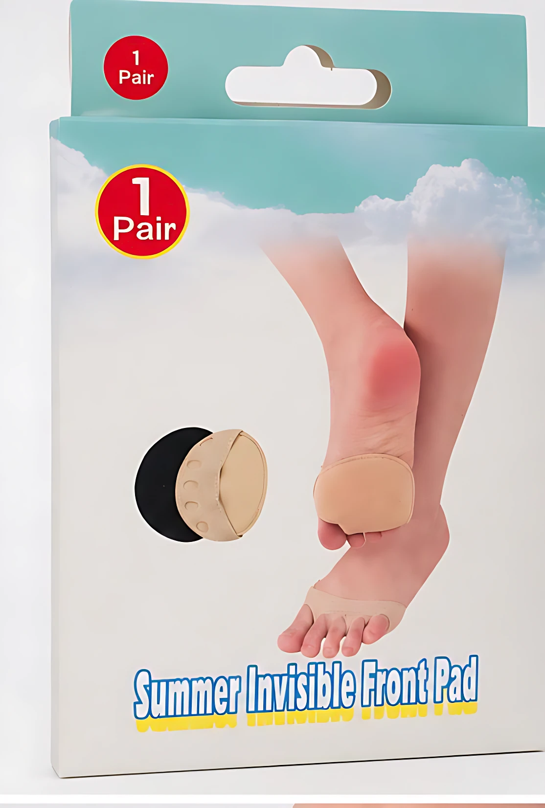 Pack de dos plantillas invisibles para aliviar dolor en la punta del pie, mostrando una plantilla beige aplicada en el pie y otra enrollada junto a su empaque con cielo azul y nubes.