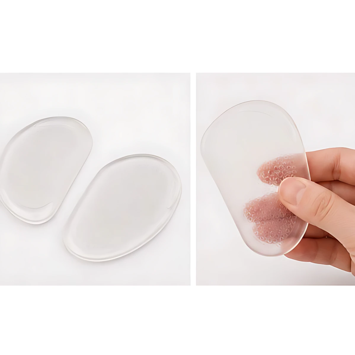 Plantillas de almohadilla para pies en silicona transparente, mostrando dos unidades planas y una siendo sostenida con la mano, revelando su interior con partículas de gel rosa.