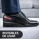 Zapato negro de cuero con plantilla elevadora ajustable visible en lateral, diseño ergonómico para mejorar postura y ganar altura.