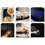 Plato eléctrico calentador negro con superficie lisa y luces LED azules y naranjas, mostrando alimentos calientes en uso real.