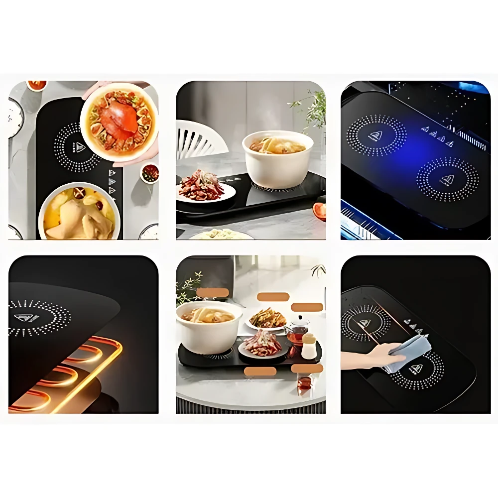 Plato eléctrico calentador negro con superficie lisa y luces LED azules y naranjas, mostrando alimentos calientes en uso real.