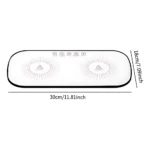 Plato eléctrico calentador blanco con dos zonas de cocción y medidas de 30 cm por 18 cm.