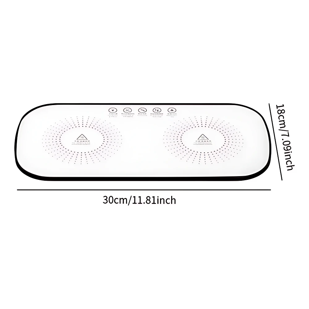 Plato eléctrico calentador blanco con dos zonas de cocción y medidas de 30 cm por 18 cm.