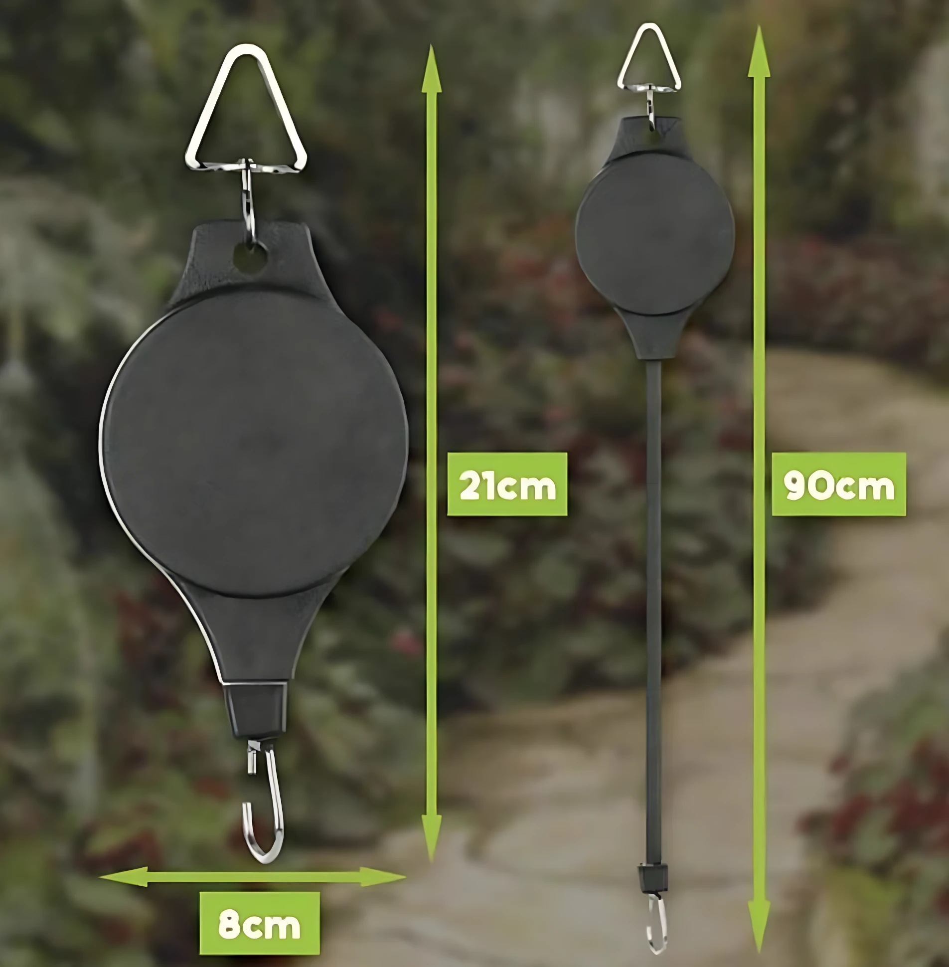 Polea de soporte para macetas en color negro, con gancho superior e inferior. Muestra dos versiones: una compacta de 21 cm y otra extendida de 90 cm, ambas con diámetro de 8 cm.