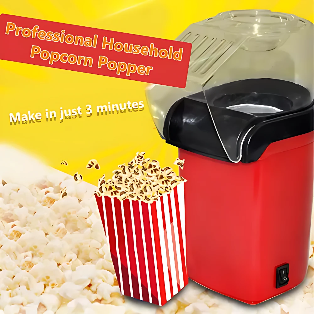 Popclean Mini Crispetera eléctrica roja con tapa transparente, mostrando palomitas de maíz en caja roja y blanca al lado.