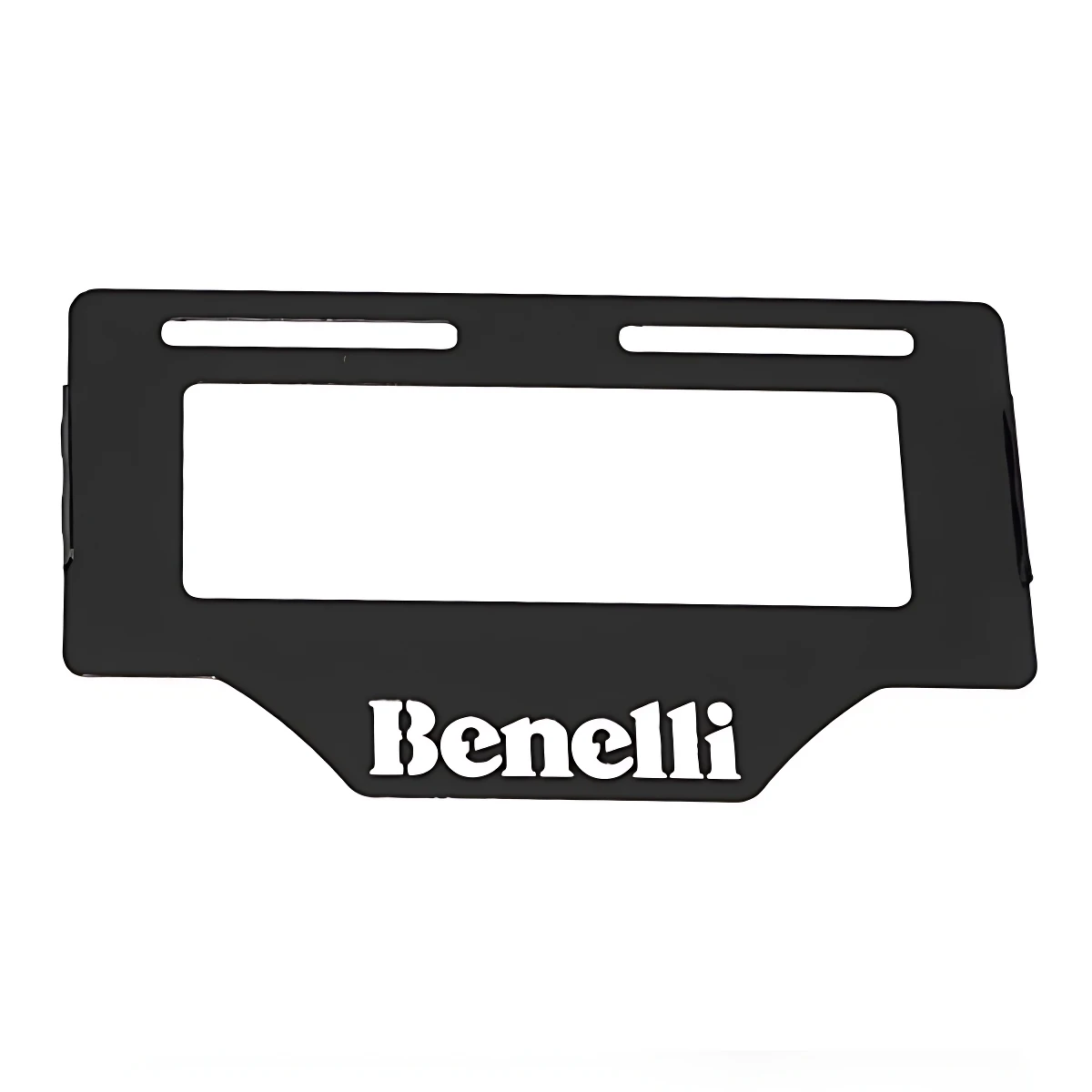 Porta placa Benelli en acero inoxidable, color negro mate, con logotipo blanco en frontal y orificios de montaje superiores.