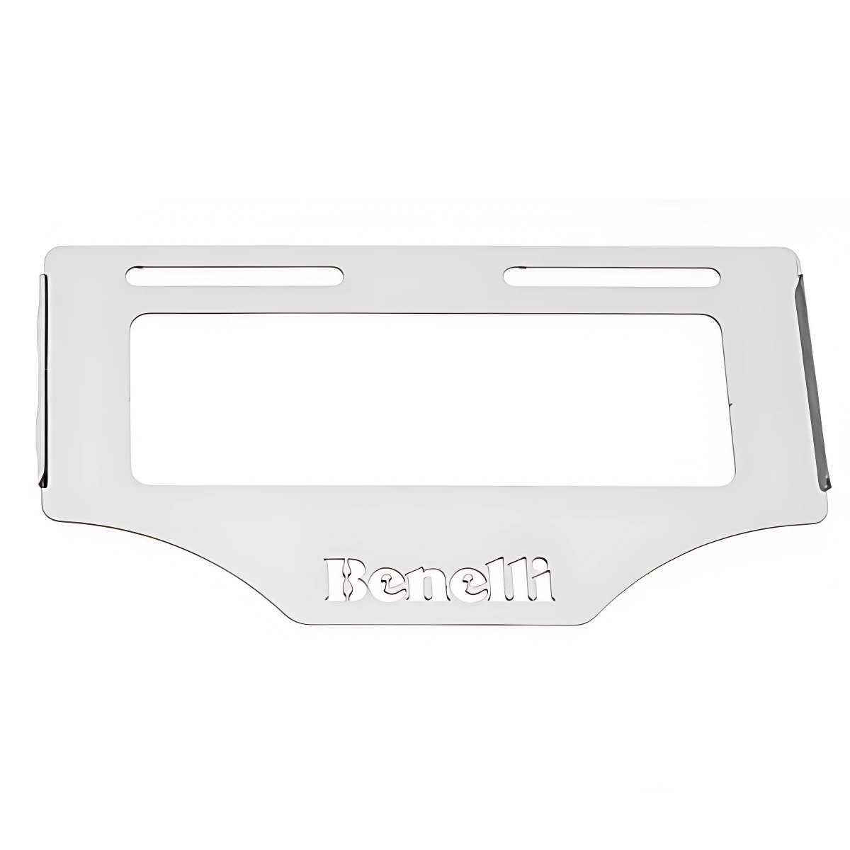 Porta placa de acero inoxidable para Benelli, con logotipo grabado y diseño rectangular con recortes superiores.