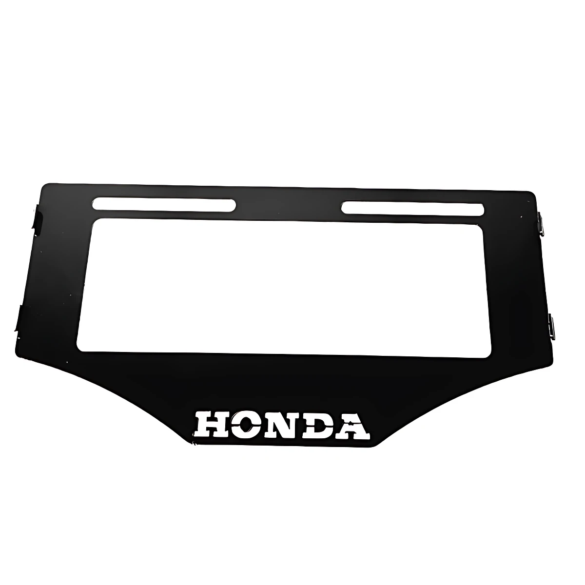 Porta placa Honda en acero inoxidable, color negro mate, con logotipo blanco y dos ranuras superiores para montaje.