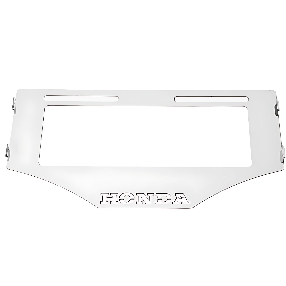 Porta placa de acero inoxidable para Honda, con logo grabado y diseño rectangular con recortes superiores.