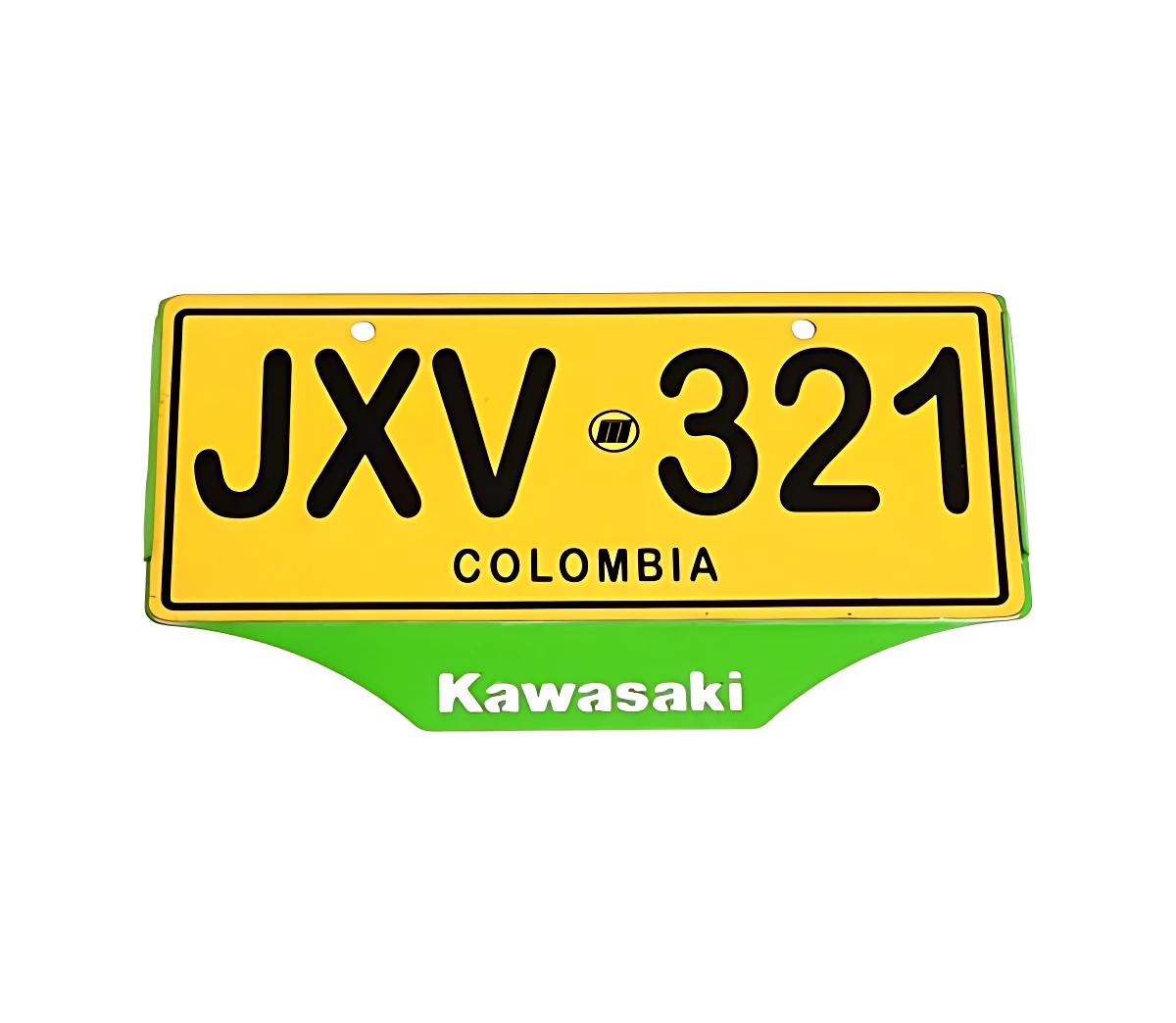 Porta placa de acero inoxidable para Kawasaki, con diseño de matrícula amarilla y verde que muestra JXV 321 COLOMBIA.