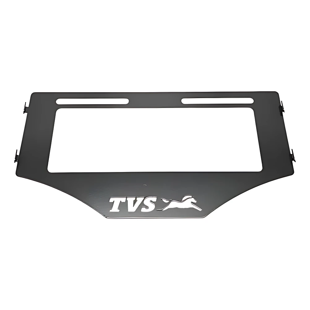 Defensa motor TVS en acero inoxidable, color negro mate con logo blanco y logo de caballo saltando, vista frontal sobre fondo blanco.
