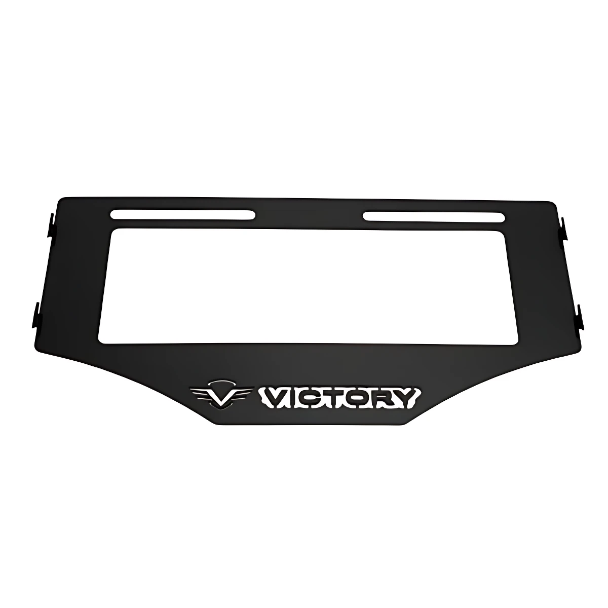 Porta placa Victory en acero inoxidable, color negro mate, con logotipo visible y diseño rectangular con recortes superiores.