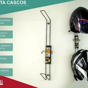 Portacascos Inmensa de pared, color negro, con dos soportes metálicos para cascos de moto y bici. Incluye etiquetas con marca y muestra dos cascos montados como ejemplo de uso.