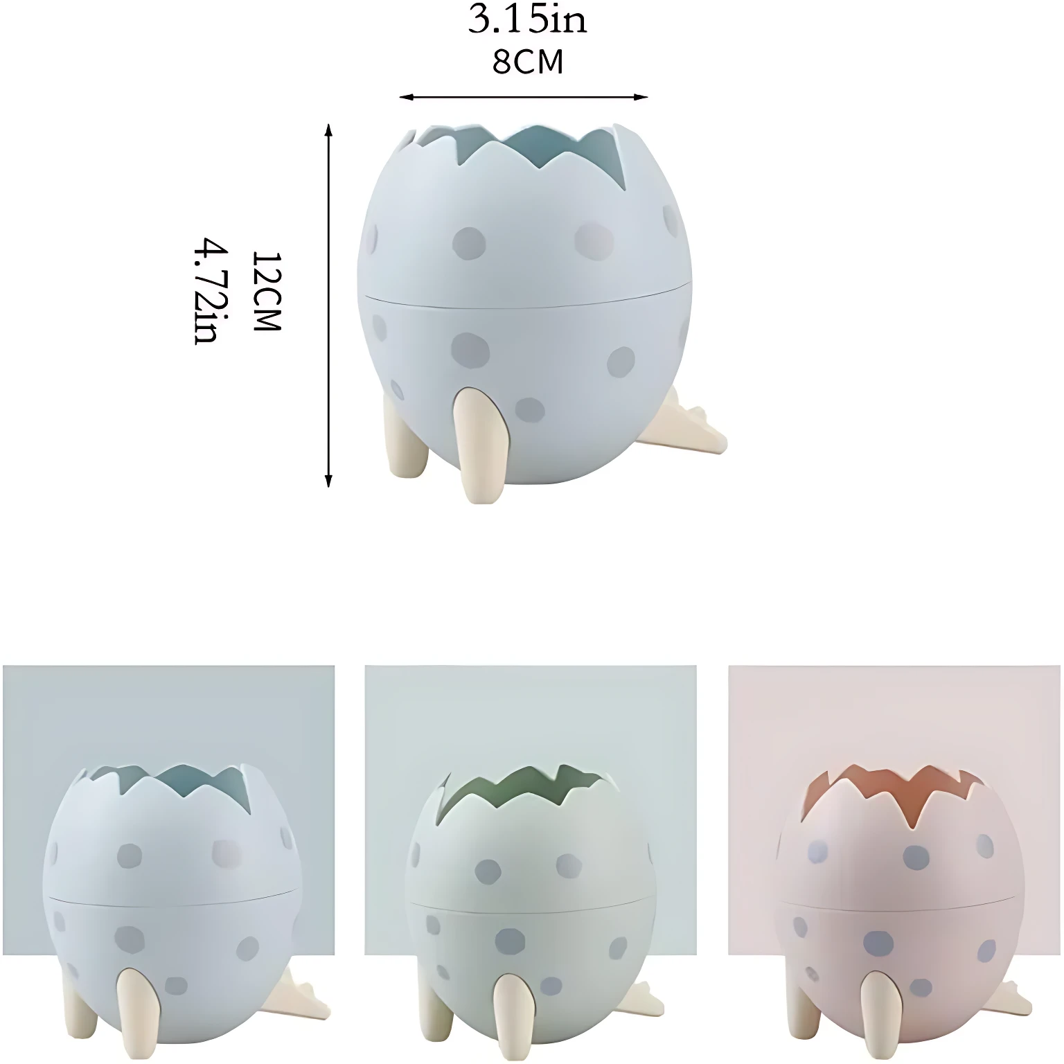 Portalápices en forma de huevo de dinosaurio con patas y textura de cáscara, disponible en azul, verde y rosa. Mide 12 cm de alto por 8 cm de ancho.
