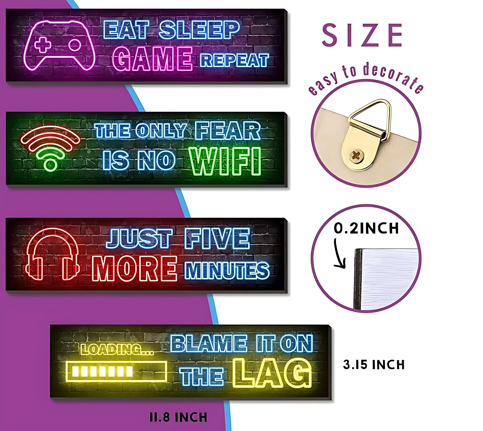 Cuatro posters decorativos de madera con estética neón para gamers, mostrando frases como 'Eat Sleep Game Repeat' y 'The Only Fear Is No Wifi', con medidas de 11.8 pulgadas de ancho y 3.15 pulgadas de alto.