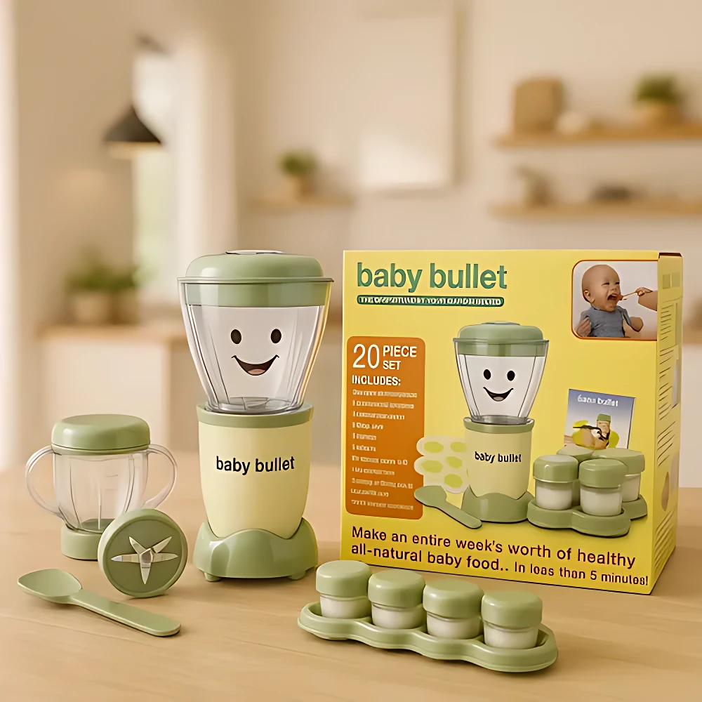 Preparador de alimentos compacto en verde claro con carita sonriente, junto a su caja amarilla que muestra los accesorios incluidos: frasco, cuchara, tapón y bandeja para almacenamiento. Ideal para hacer papillas caseras en minutos.