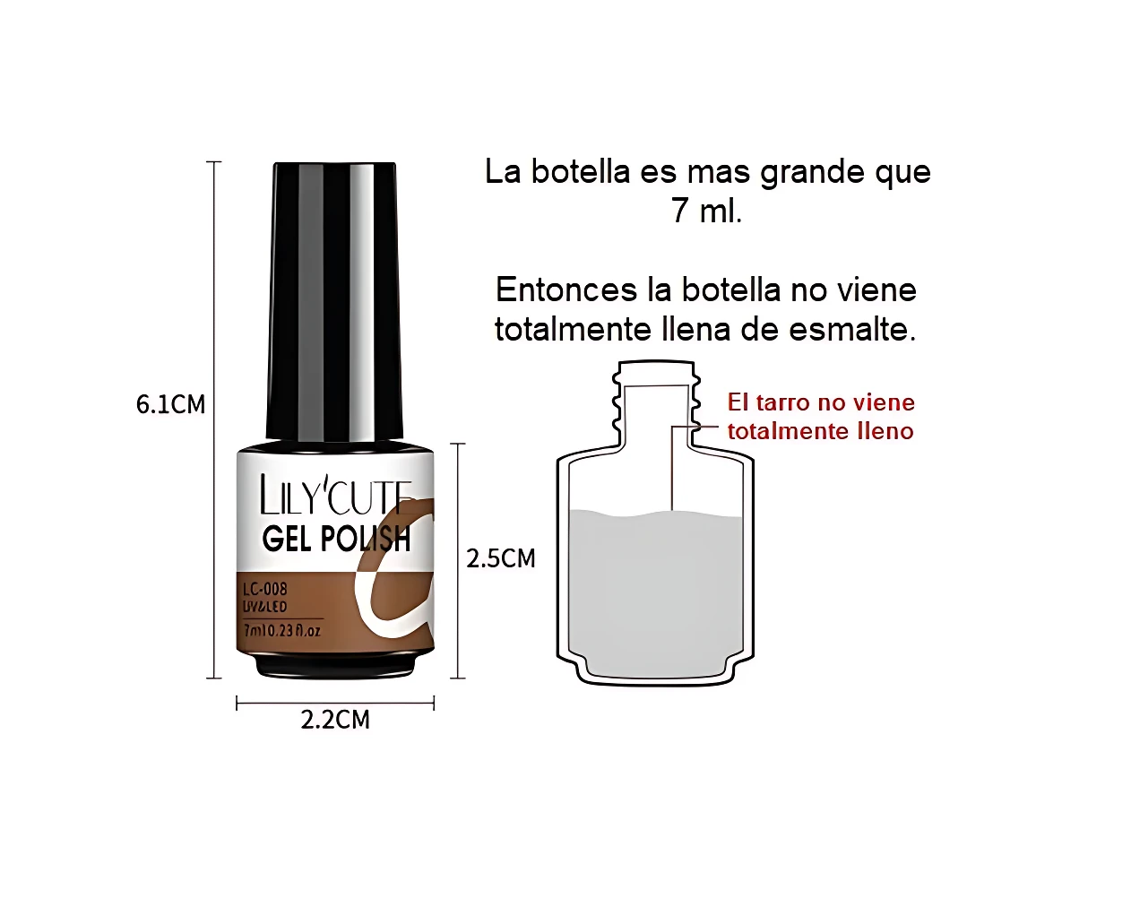 Botella de esmalte semipermanente LilyCute, tono marrón, con dimensiones de 6.1 cm de altura, 2.2 cm de diámetro y 2.5 cm de ancho; incluye diagrama que muestra que el contenido no llena completamente el tarro.