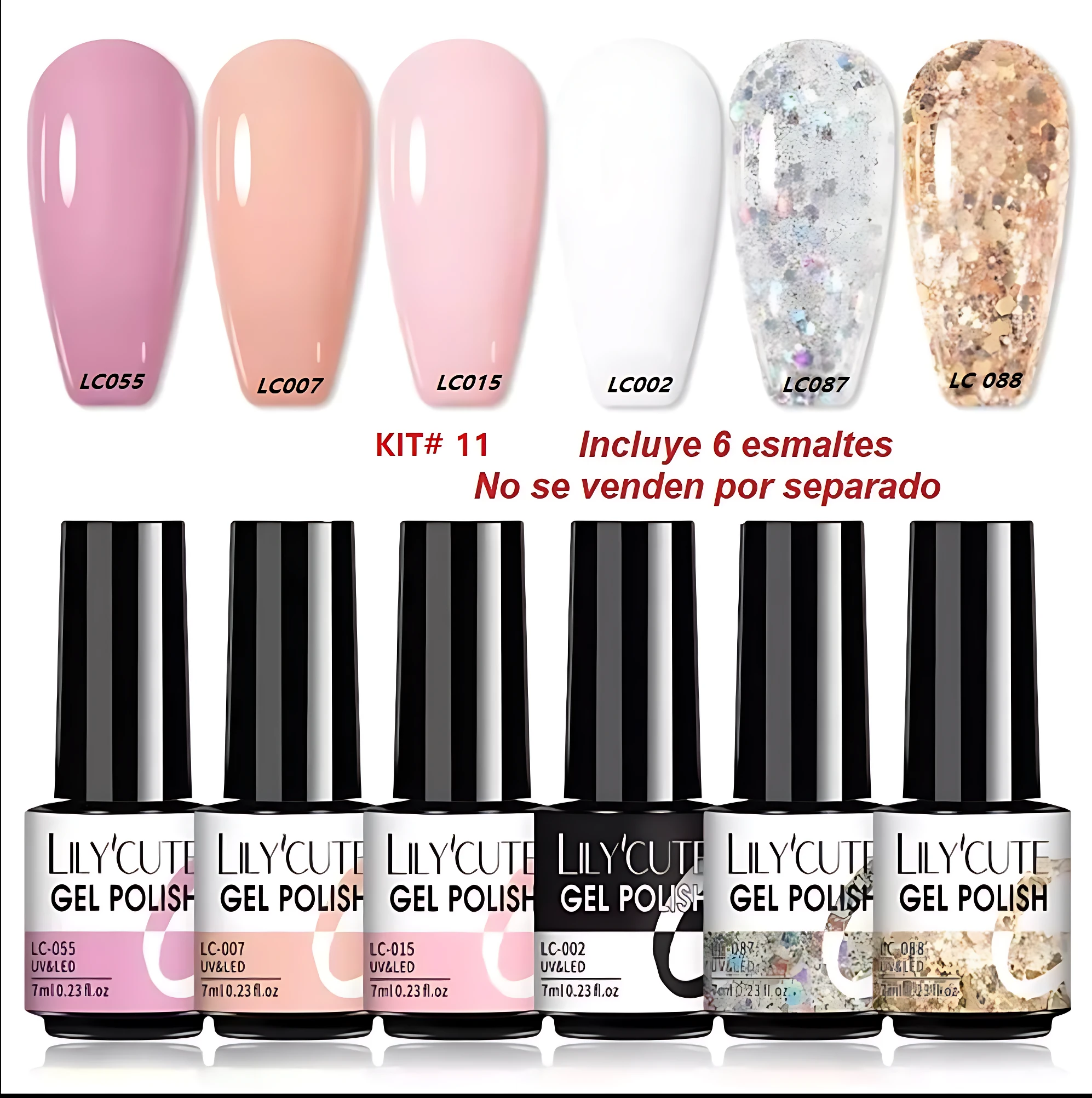 Kit de seis esmaltes semipermanentes LilyCute en tonos pastel, blanco, glitter y dorado, con muestra de acabado en uñas y botellas etiquetadas.