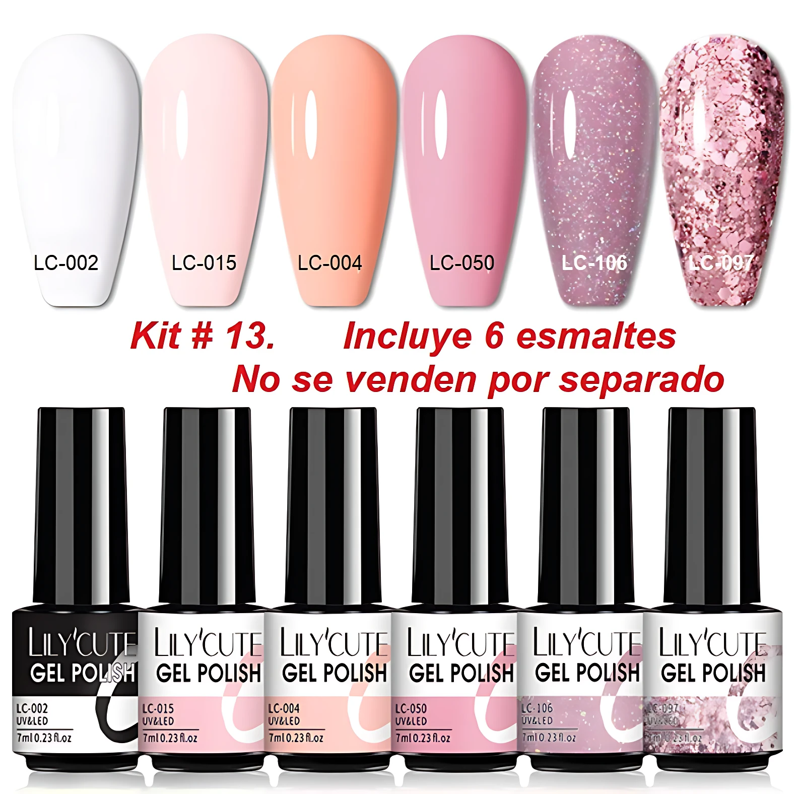 Kit de seis esmaltes semipermanentes LilyCute en tonos pastel y glitter, con muestra de color y etiqueta visible.