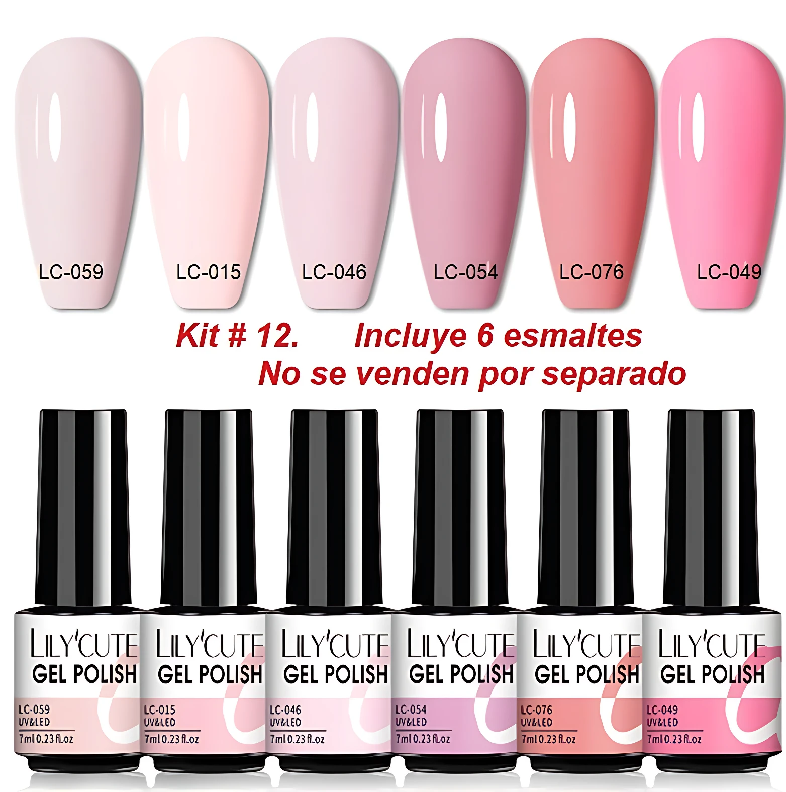 Kit de seis esmaltes semipermanentes LilyCute en tonos rosados y nudes, presentados con sus tapas y etiquetas visibles.