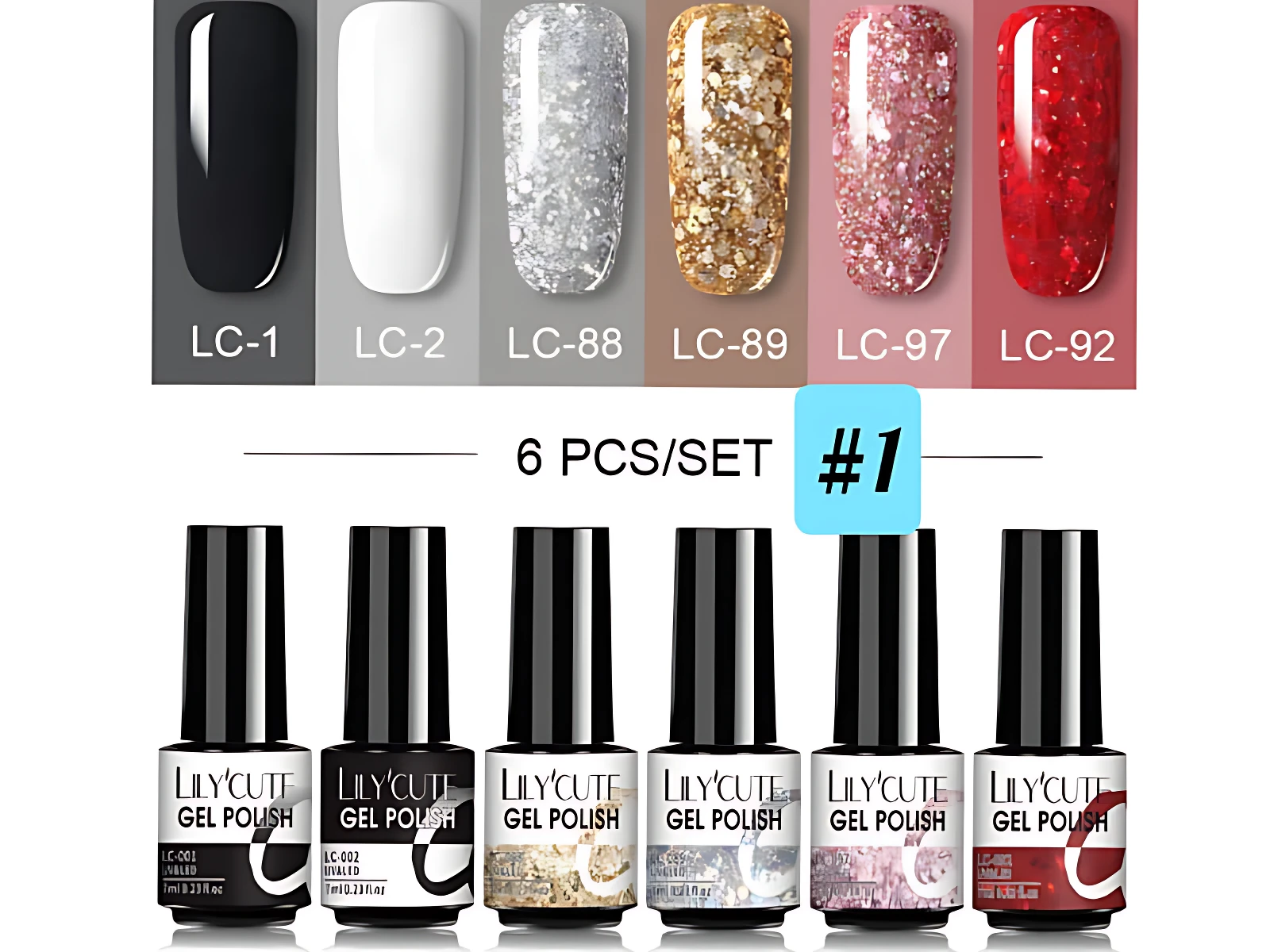 Kit de seis esmaltes semipermanentes LilyCute en presentación individual, mostrando tonos negro, blanco, plateado, dorado, rosa y rojo con texturas lisas o glitter.