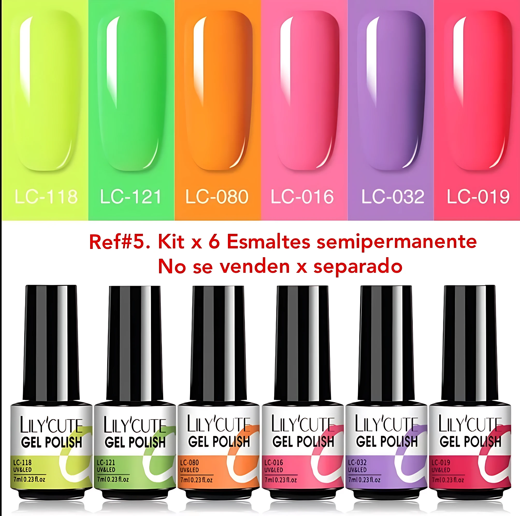 Kit de seis esmaltes semipermanentes LilyCute en colores vibrantes: amarillo, verde, naranja, rosa, morado y rojo. Cada frasco de 10 ml con etiqueta clara y tapa negra.
