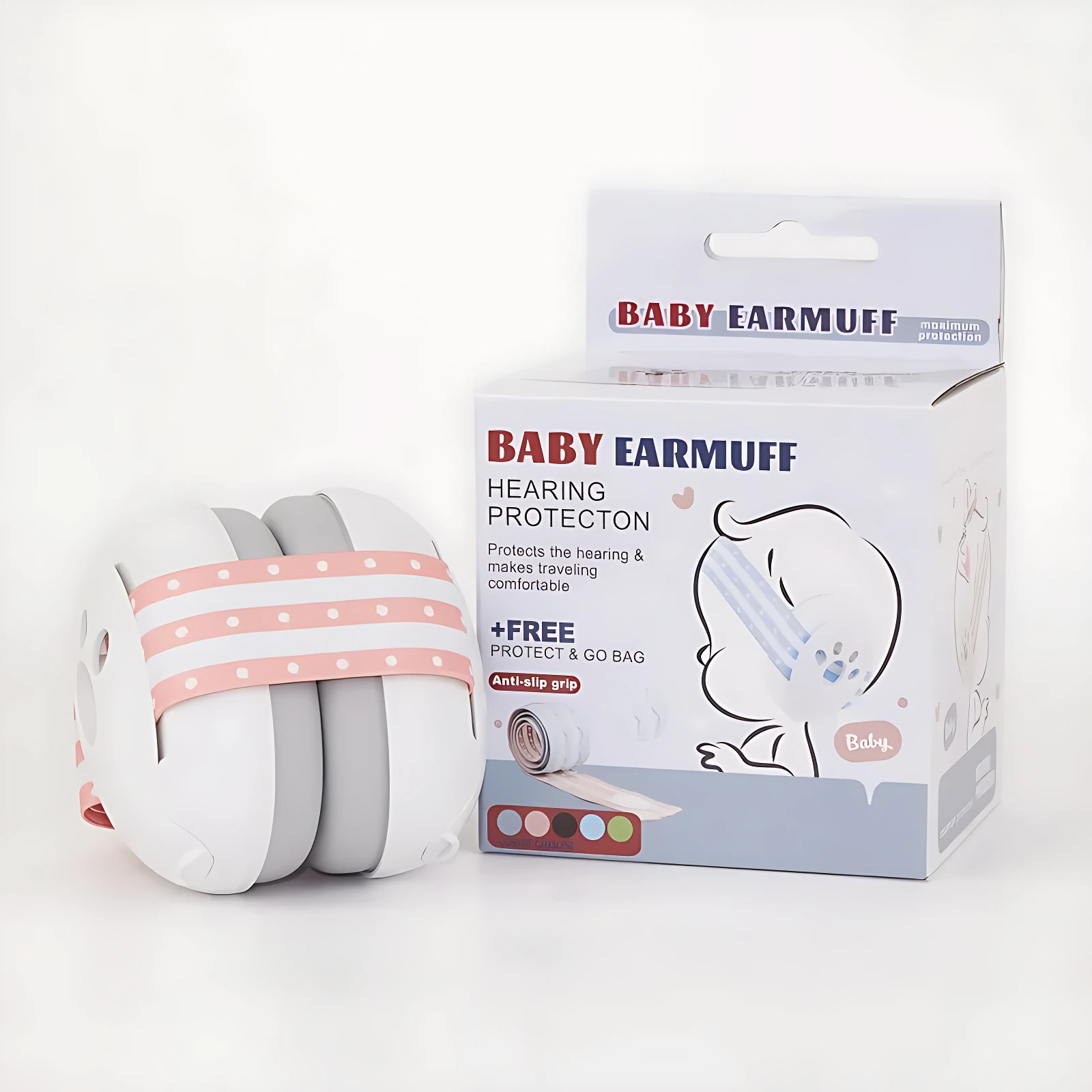 Protector auditivo para bebé en color blanco con diadema rosa y detalles grises, acompañado de su caja de presentación que incluye bolsa de viaje.